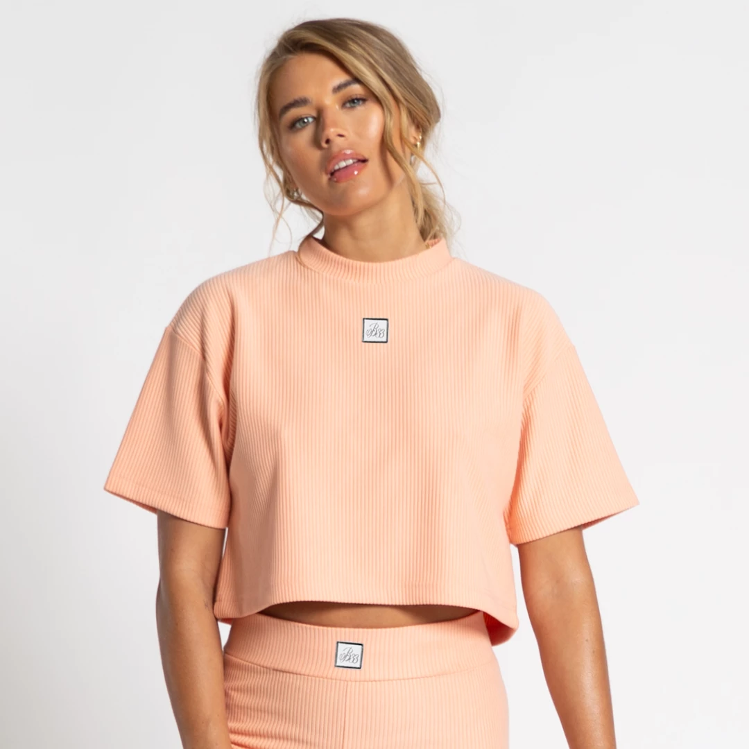 Best Pirce 🛒 Bee Inspired 👩 Womens Sale 👩 Womens Level Up Rib Crop T-Shirt - Peach 🤩 1 Bee Inspired Womens Sale Womens Level Up Rib Crop T-Shirt - Peach